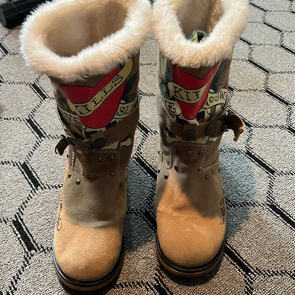 Ed Hardy leather shearling boots Women’s 10
